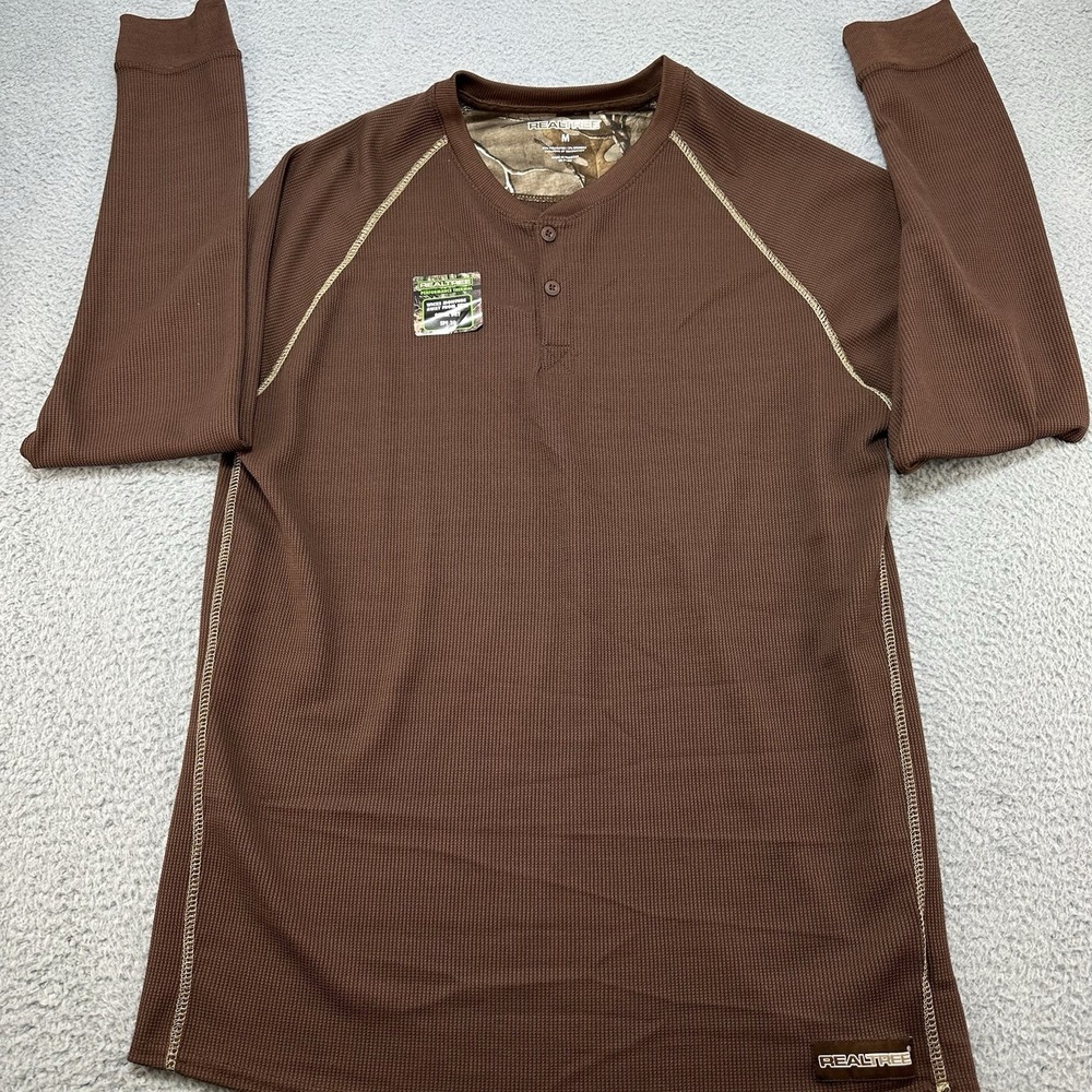 Realtree Shirt Mens Medium Brown Midweight Performance Thermal‎ Top Waffle Print